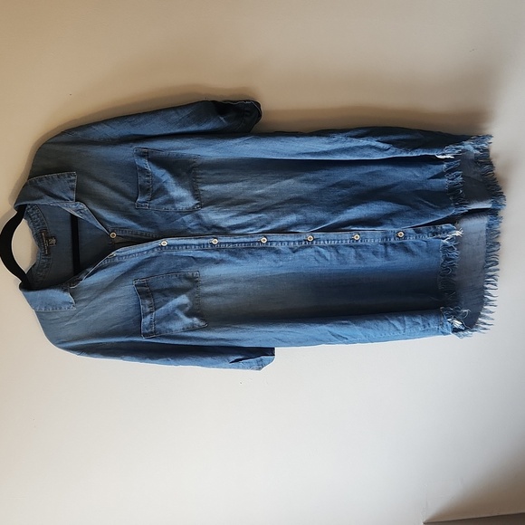 Chelsea & Theodore Button Up Shirt Dress Blue Chambray Raw Hem Womens Size 1x - Picture 1 of 10